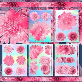 Holographic Stickers Pack # Bright Pink Dahlia HANATABA Vintage Art Deco Styled Wall Laptop Large Vinyl Hologram Stickers Real Size Photorealistic Flowers