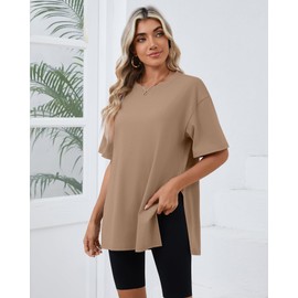 Huukeay 3 Pack Women's Oversized Gym T Shirts Cotton Short Sleeve Side Split Crewneck Tops Casual Workout Baggy Basic Tee(Black, Army Green, Coffee,XX-Large)