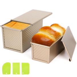 Beasea Pullman Loaf Pan with Lid, 2 Pack Non-Stick Bread Loaf Pans 1 lb & 0.5 lb Carbon Steel Bread Toast Box with Dough Scraper for Homemade Bread Toast Oven Baking - Gold