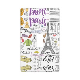 NEZIH French Paris Tour Eiffel Tower Print Light Switch Cover Artistic Wall Plate Crafted Single Toggle Bathroom 1 Gang Decor, Standard Size, White, MC700