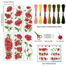 INFUNLY 6pcs Red Flower DIY Cross Stitch Bookmark Kits for Beginners Red Poppy Counted Cross Stitch Kit with Instruction Floral Stamped Embroidery Bookmark Kit for Book Lovers Readers Writers Gift