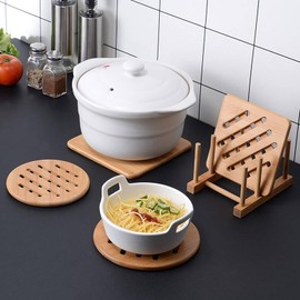 Bamboo trivets for hot dishes,natural bamboo hot pads for kitchen Set for Hot Dishes/Pot/Bowl/Teapot/Hot Pot,2 square 2 roundness 1 storage rack