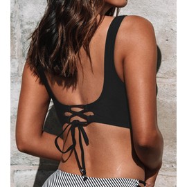 CUPSHE Women's Bikini Top V Neck Wrap Look Crossover Lace Up Bralette Swimwear Wide Straps Bikini Top, black