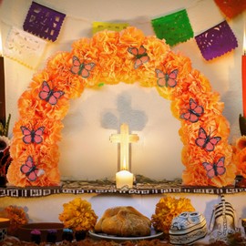 Suncalla 1 Pcs Pre-Installed Marigold Arch 14 Inch Day of The Dead Altar Decoration Marigold Flower with Butterfly Table Arch Kit Dia De Los Muertos Altar Decor for Mexican Festival Party Decorations