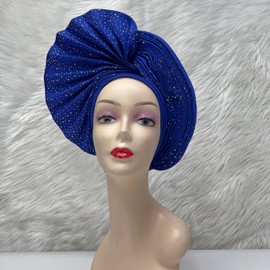 African Head Wrap Already Made Auto Gele Headties - Gorras y gorras turbante para mujer, diseño de boda de moda nigeriana (azul real)