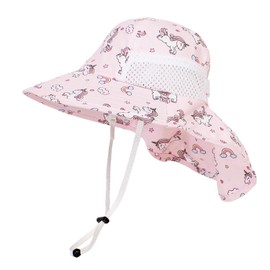 iNszkoos Kid Unicor-Print Large Brim Sun Hat with Neck Flap 3-10 Years Boys UV Protection Summer Hats with Chin Strap Breathable Beach Adventure Bucket Hat
