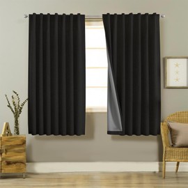 Joydeco 100% Blackout Curtains 63 inches Long Natural Linen Drapes 2 Panels Set Burg for Bedroom Living Room Black Out Darkening Curtain Thermal Insulated Back tab Rod Pocket(52x 63 inch,Black)