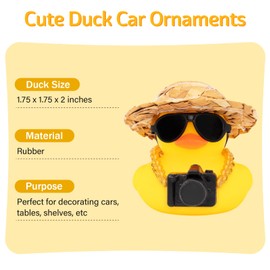 wonuu Car Decorations Rubber Ducks, Dashboard Rubber Ducky for Car Ornament Cute Duck with Straw Hat, Necklace, Mini Camera Black Glasses