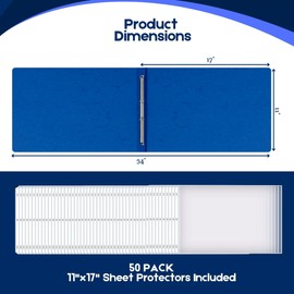 10 Pack of 11”x17” Landscape Pressboard Presentation Binder Folders with 50 Sheet Protectors. Blue Fiberboard Report Covers with 3" Capacity Metal Prong Paper Fastener to Bind Reports, Proposals etc.