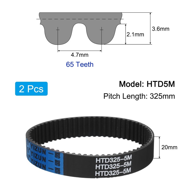 sourcing map 2pcs HTD-5M Rubber Timing Belt 65 Teeth, 325mm