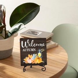 Fall Quote Desk Decor, Thanksgiving Gifts for Women Family Friends Coworkers, Autumn Pumpkin Sign for Farmhouse Home Office Living Room, Welcome Autumn Wood Plaque With Iron Stand -34