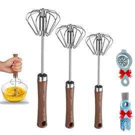 wooden 3 pc Semi Automatic Whisk, Whizzy Whisk, 10 12 13 inch, wooden Hand Push Rotary Blender, Egg Beater, Milk Frother, Blending, Whisking, Beating & Stirring