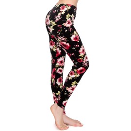 ALWAYS Women's Floral Velvet Leggings - Premium Soft Stretch Warm Winter Print Pattern Pants 1882 Black One Size