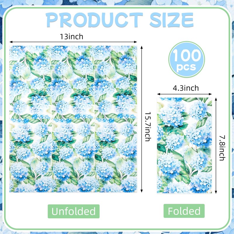 100 Pcs Hydrangea Floral Paper Guest Napkins Blue Flowers Napkin
