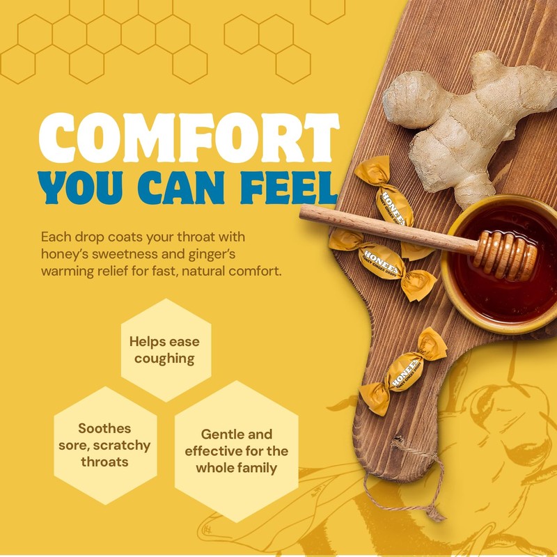 Honees Filled Honey Ginger Drops, Natural Cough Drops- Pure Ginger