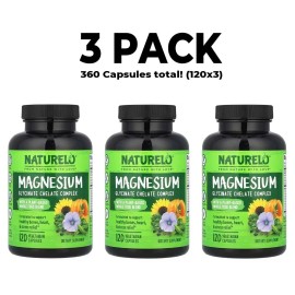 NATURELO, 3 PACK, Magnesium Glycinate Chelate, 200 mg, 120 Vegetarian Capsules