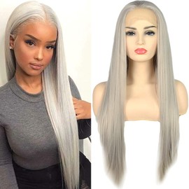 BLUPLE Silver Blonde Straight Lace Front Wigs Trendy Long Half Hand Tied Wig for Women Heat Resistant Synthetic Hair 22 Inches