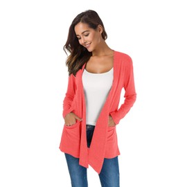 TownCat Cardigans for Women Loose Casual Long Sleeved Open Front Breathable Cardigans with Pocket (Coral, L)