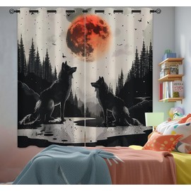 Wolf Blackout Curtains for Girls Boys Teens Home Decor, Moon Birch Forest Wild Animals Bird Mountain Grommet Thermal Insulated Drapes Darkening Window Curtain for Bedroom Living Room, 42 x 45 Inch