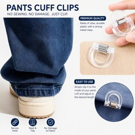 10 Pack Adjustable Pants Hem Clips for Length No Sew Trouser Leg Cuff Clamps Transparent Invisible Temporary Alteration Holders for Jeans Dress Skirts (Transparent) ﻿