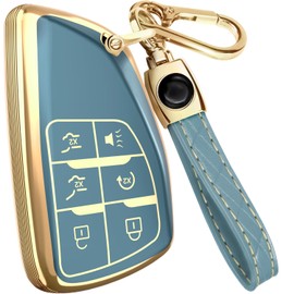 for GMC Yukon Key Fob Cover and Leather Keychain - TPU Key Case for Chevy Suburban, Tahoe for Buick Avenir, Envision - 2021-2023 Keyfob Cover Compatible with YG0G21TB2 - Blue and Gold