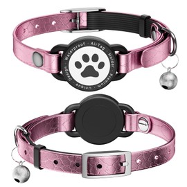 Leather Airtag Cat Collar - Waterproof Cat Collar AirTag Holder with Metal Buckle | Comfortable, Glossy Cats Tracker Collars with Bell for Girl Boy Cats, Kittens, and Puppies (Rose Gold)