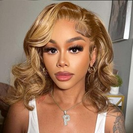 HUIWANYAN Highlight Bob Wig Human Hair 13x4 Body Wave HD Lace Front Wigs Human Hair Pre Plucked 180% Density Glueless Wigs Human Hair 12 Inch Short Bob Wigs for Black Women Natural Hairline