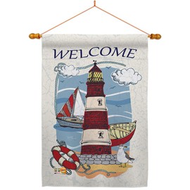 Breeze Decor Beach Lighthouse Shore House Flag Dowel Set Coastal Tropical Sea Shells Ocean Sand Outdoor Summer Coral Small Decorative Gift Yard Banner Double-Sided Made in USA 28 X 40