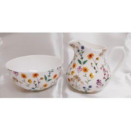 Meadow Flowers Cream/Milk Jug and Sugar Bowl Fine Bone China Bright Flowers Floral Matching Set Hand Decorated in UK