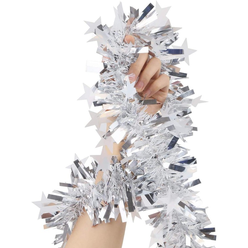 LOKIPA 10M Silver Christmas Chunky Tinsel Garland with Star for