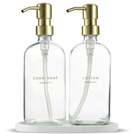 MaisoNovo Hand Soap and Lotion Dispenser Set - 16.9 fl oz Clear Soap Dispenser Glass with Gold Pump Set of 2 and Oval Concrete Tray
