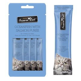 Fussie Cat Ocean Fish and Salmon Puree, lickable cat Treats, 0.5oz Pouch Pack of 4