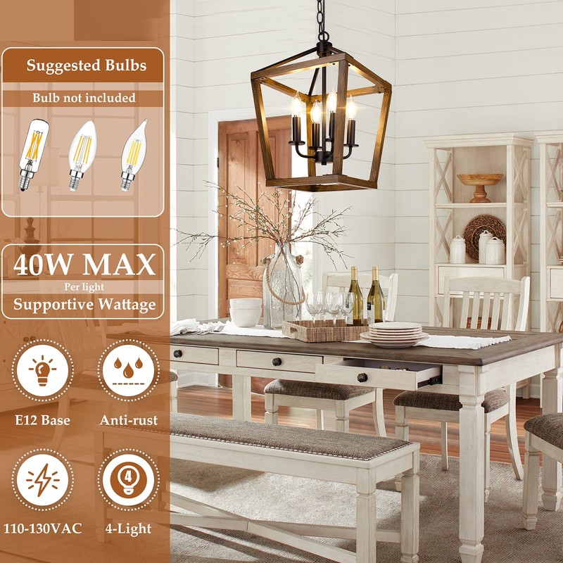 Farmhouse Chandelier Light Fixture for Kitchen Dining Room, 4-Light Rustic