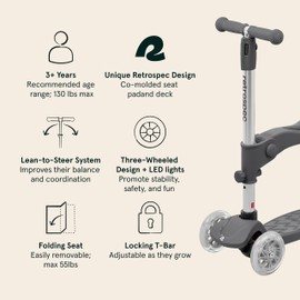 Retrospec Chipmunk Plus Kids’ Kick Scooter 3+ Years - Height Adjustable 3 Wheel Scooters - Learn to Steer, Foldable Seat, LED Lights, & No-Slip Deck - Silver