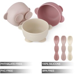 PandaEar 3 Pack Silicone Suction Baby Bowls & 3 Baby Feeding Spoons | Non-Slip Stay Put Bowls & Soft Silicone First Stage Spoons for Toddlers, BPA-Free Baby Led Weaning Set (Pink Rose Linen)