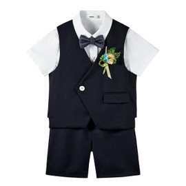LOLANTA 6-Piece Boy's Summer Short Waistcoat Suit, Irregular Single-Button Vest, Shirt, Shorts, Bow Tie, Suspenders, Boutonniere, Black, 4-5 Years, 110