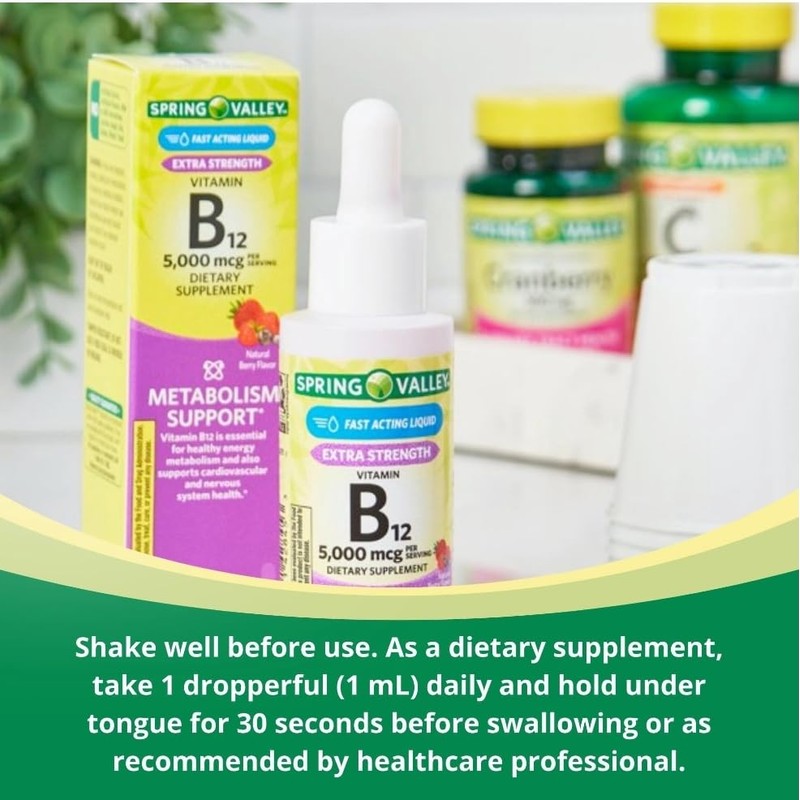 Spring Valley Liquid Vitamin B12, 5000mcg, Metabolism Supplement, Berry, 2