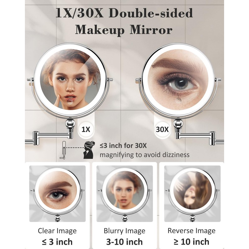 30X/1X Wall Mounted Lighted Makeup Mirror, 9'' Height Adjustable Double