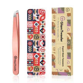 Expert Slant Tip Tweezers with Leather Case, GlamTweeler Sharp & Precision Stainless Steel Tweezer for Eyebrows, Facial Hair and Fine Hairs Removal (Rose Gold)