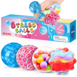 Stress Balls 4 Pack for Adults and Kids, Squeeze Toys, Sensory Toys for Kids with Autism, Squishy Fidget Toys for Stress and Anxiety Relief, Prize for Classroom