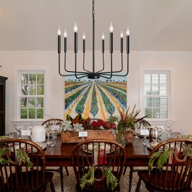 ALISADABOY Black Chandeliers for Dining Room Farmhouse 8 Light Rustic Industrial Candle Hanging Light Fixture for Living Room Kitchen Island Entryway Foyer Bedroom Pendant Lighting