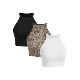 GORGLITTER Crop Tops Women's Set of 3 Summer Halterneck Top Set Tank Tops Women Leo Top Strappy Top Crop Tops, White multi-coloured, S