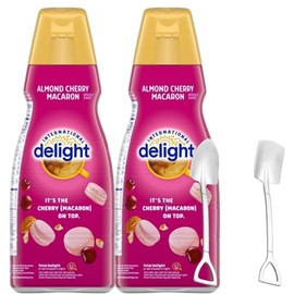 International-Delight Liquid Coffee Creamer.- Pack of Two (2) 32 fl oz Bottles of Smooth & Creamy Delightful Coffee Creamer and Candy Freezer Mini Shovel Spoons (Almond Cherry Macaron) - Metal Spoons