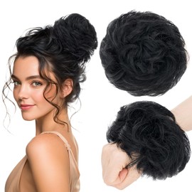 SEGOHAIR Messy Bun Hairpiece Human Hair Scrunchies Hairpieces for Women Hair Bun Wavy Curly Extensions Ponytail Updos #01 Jet Black