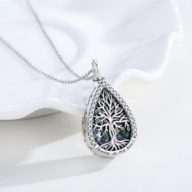 Tree of Life Urn Cremation Necklace Sterling Silver Ashes Abalone Shell Teardrop Pendant Urn Jewelry for Women Mother's Day
