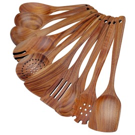 comfoyar Teak Wooden Spoons for Cooking, 10 Pieces Kitchen Cooking Utenails Set with Spatula and Ladle, Heat Resistant Kitchen Cookware for Nonstick Pan