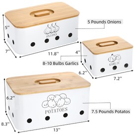 Nagpew 3 Pack Potato Onion Garlic Storage Set, Iron Vegetable Storage Bins with Holes Bamboo Lids, Stackable Kitchen Organization Container Storage Tin for Countertop Pantry