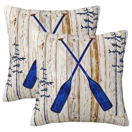 Doitely Set of 2 Rustic Wood and Blue Boat Paddle Decorative Throw Pillow Covers 18x18 Inch Nautical Lake House Cabin Decor Cushion Cases for Sofa Couch Bedroom