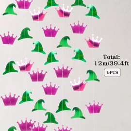 Green and Pink Wicked Party Decorations, 39.4Ft Glitter Witch Hat Crown Foil Streamers Backdrop Garland Photo Booth Props for Wicked Birthday Party Decorations