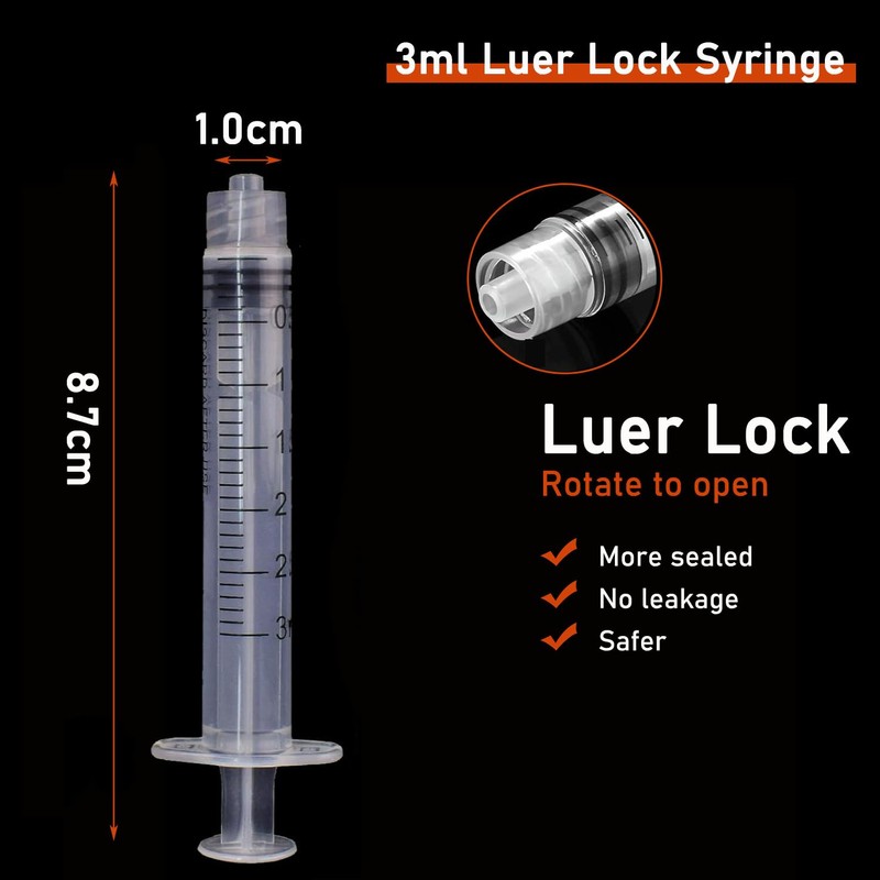 100 Pack 3ml/cc Disposable Luer Lock Lab Syringes with 22Ga